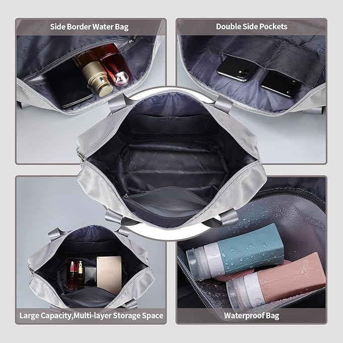 Expandable Travel Duffel Tote Bag - Foldable Overnight Weekender, Carry-On, Swim & Gym Bag - Fits Spirit Airlines Personal Item Size - Lightweight, Waterproof & Durable with Trolley Sleeve,Grey