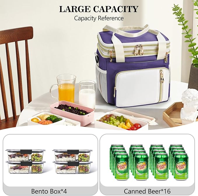 Lunch Box & Lunch Bag for Women, Large Insulated Adult Lunch Box Leakproof Lunchbox Cooler Bag for Work Picnic Beach,16L, Purple & White