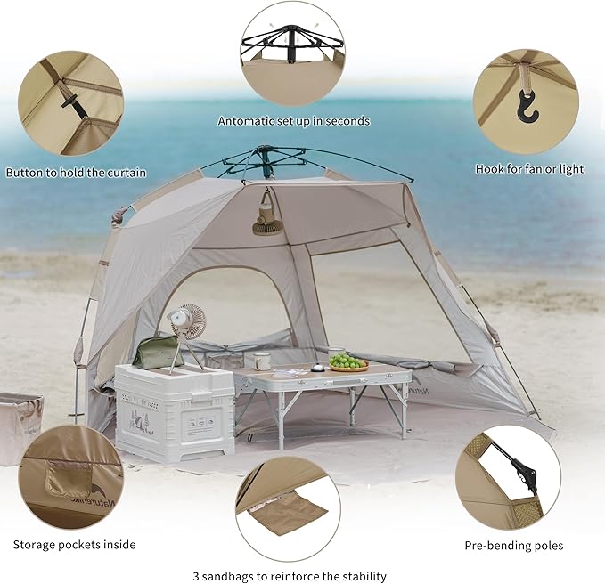 Naturehike Beach Tent Sun Shelter for 3-4 Person, Automatic Easy Set up Pop up Instant Tent, UPF50+ UV Protection Portable Canopy Privacy Tent (Light Brown)