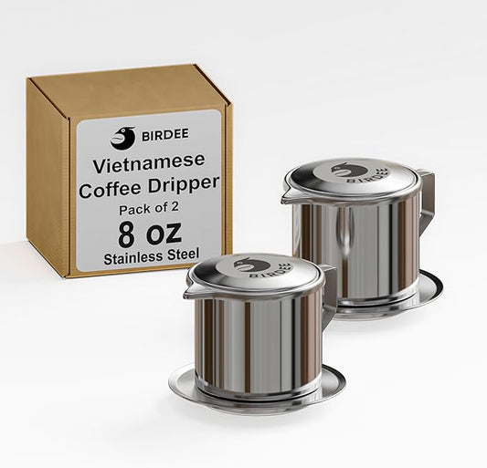 Birdee Vietnamese Coffee Dripper - Pack of 2 - Make up to 8oz Cup, Stainless Steel, Small Drip Filter, Durable, Dishwasher Safe, Home Use, Travel, Camping, Gift Sets