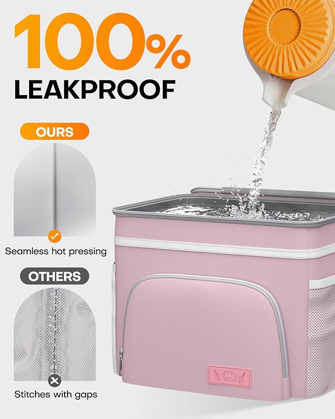 HOTOR Insulated Lunch Box for Men & Women - Leak-Proof Cooler Lunch Bag with 4 Pockets, Adjustable Strap, Ideal for Work, Picnic, Travel - Medium, Light Pink, 10.2"×6.9"×8.5"