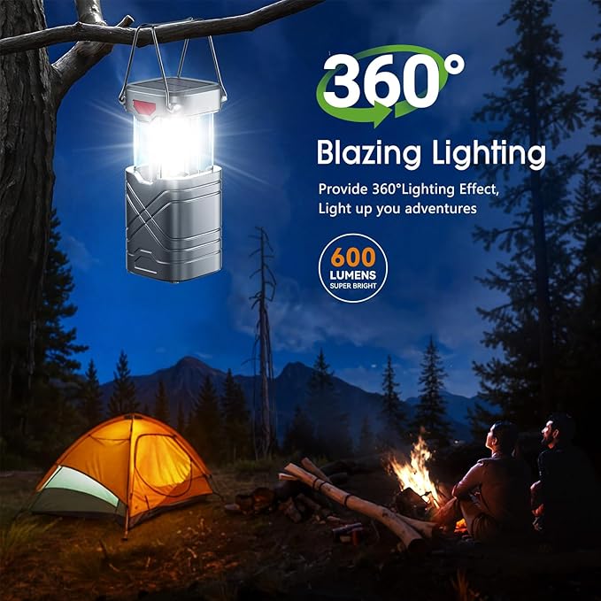 LETMY 2 Pack Camping Lantern, Rechargeable LED Lanterns, Solar Lantern Battery Powered Hurricane Lantern Flashlights with 3 Powered Ways & USB Cable for Emergency, Power Outage, Hurricane Supplies