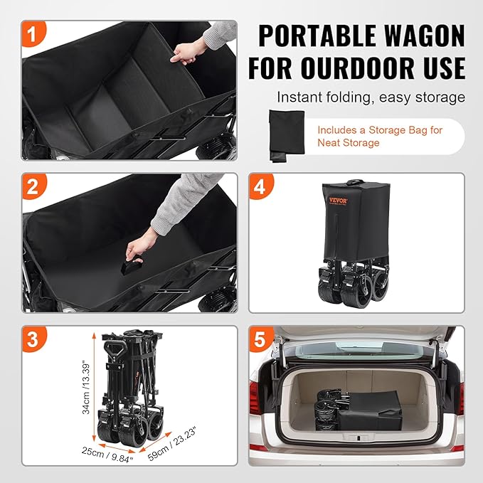 VEVOR 350LBS Collapsible Wagon Cart Heavy Duty Foldable 113L, Folding Beach Utility Wagon with Big Wheels, Portable Grocery Cart for Groceries Camping Sports Garden