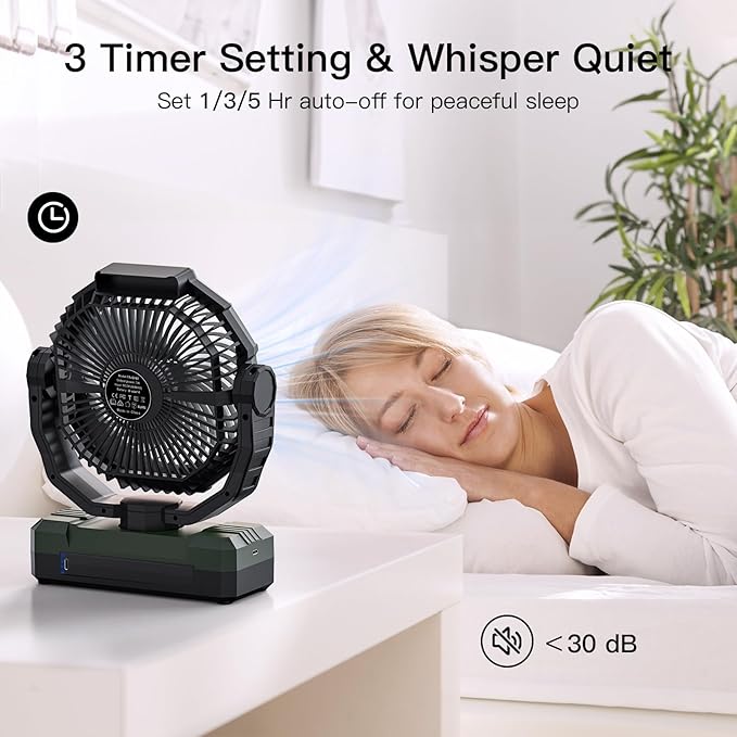 FRIZCOL 3-in-1 Camping Fan - Portable Fans Rechargeable - 12000mAh 9-Inch Battery Powered Fan(70Hrs) with Light & Remote for Indoor, Outdoor, Tent, Travel, BBQ, Fishing, Jobsite - Green