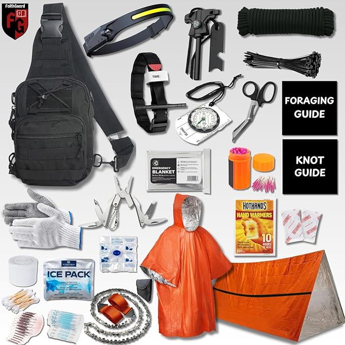 Complete Survival Kit and First Aid Kit | Tactical Backpack with Survival Gear | Bug Out Bag | Fire Starter, Tent, Emergency Camping Essentials | Outdoor Gift |