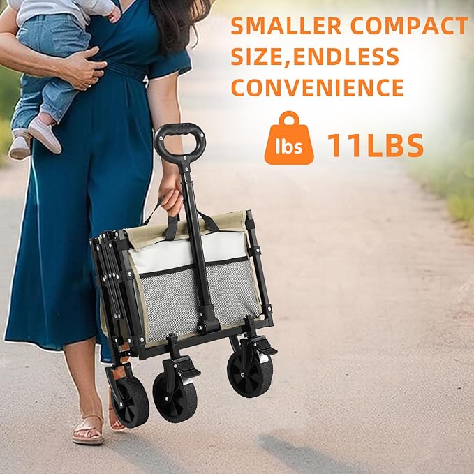 CAMTOP Collapsible Wagon Cart Foldable Wagon Portable Heavy Duty Folding Wagons with Braking Wheels Lightweight Outdoor Utility Wagon for Shopping, Sports, Camping, Garden, Grocery, Beach (Beige)