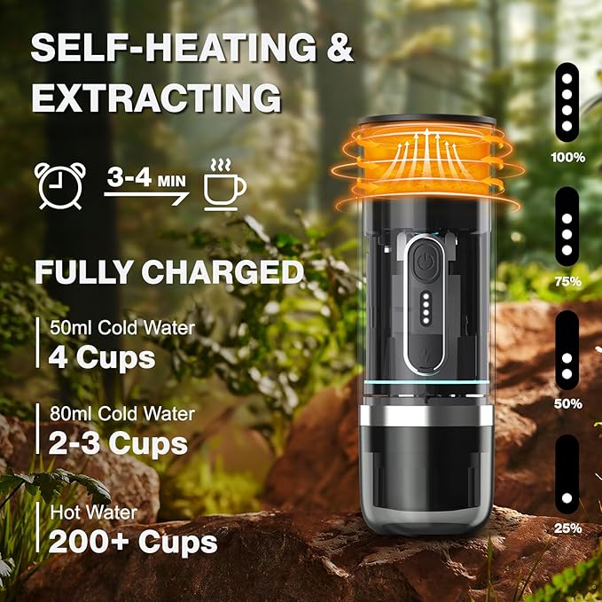 Portable Espresso Machine & Coffee Maker for Camping, Travel, Office - Self-Heating, USB-C Charger, Compatible NS Capsule & Ground Coffee (Coffee Brown)