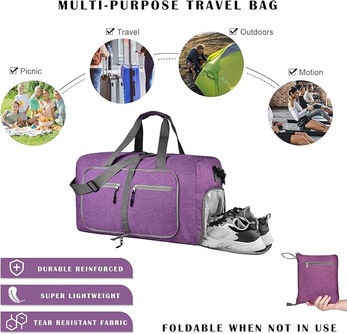 Dimayar 40L Travel Duffle Bag for Men Women - Foldable Duffel Bag with Shoes Compartment - Overnight Bags Waterproof & Tear Resistant(Purple)