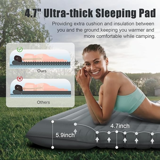 Double Sleeping Pad for Camping with Built-in Foot Pump, Extra Thick 4.7 Inch Inflatable Sleeping Pat and Pillow for Backpacking, Hiking, and Traveling