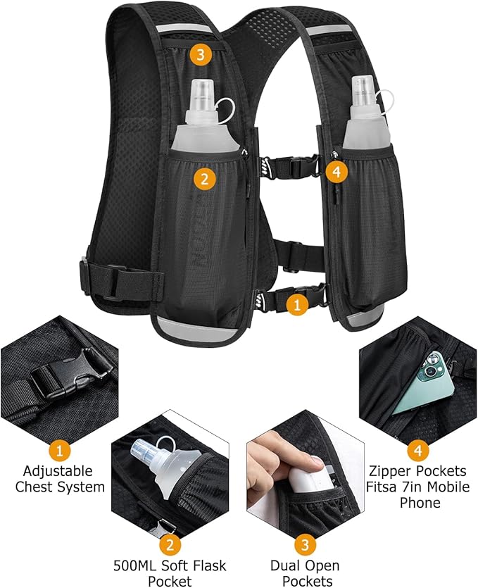NOOLA Running Vest with Dual 500ml Soft Flask, Lightweight Hydration Vest for Women Men, Water Backpack with Adjustable Strap