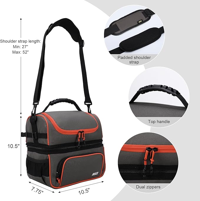 MIER 2 Compartment Lunch Bag Tote with Shoulder Strap for Men and Women Insulated Leakproof Cooler Bag, Grey/Orange