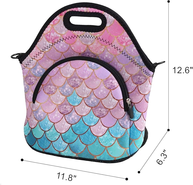 Violet Mist Womens Insulated Lunch Bag Cute Neoprene Insulated Lunch Bag Tote Unicorn Mermaid Cartoon Pink Food Handbags Large with Extra Pocket Detachable Adjustable Shoulder Lunch box for Women Lady