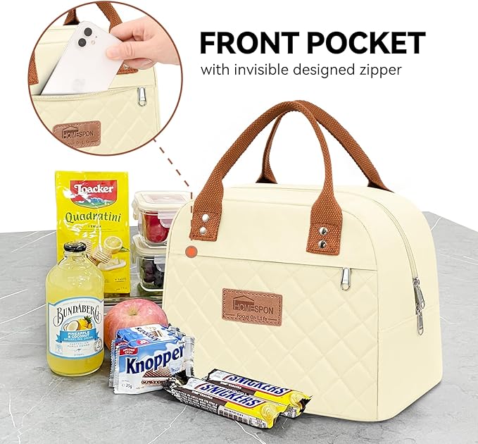 HOMESPON Insulated Lunch Bag for Women Men Adults Lunch Tote with Front Pocket Lunch Box Container Cooler Bag for Work Picnic (Beige)