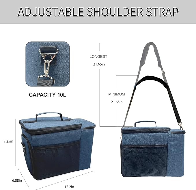 TOP&TOP Blue 13"L x 7"W x 9"H Reusable Lunch Box with 6mm Insulation Foam - Leakproof, Easy to Clean, Adjustable Shoulder Strap, Holds 3 Containers, Mesh Pockets