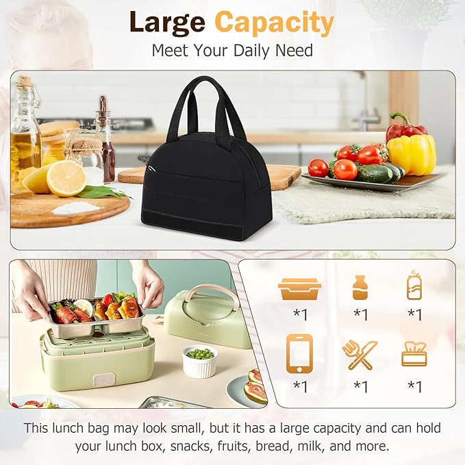 Lunch Box For Women, Insulated Lunch Bag Waterproof Lunch Box Lunch Tote Bag Large Capacity Reusable Insulated Cooler for Work Office Camping Travel, Fits 9 x 7 inch (Black)