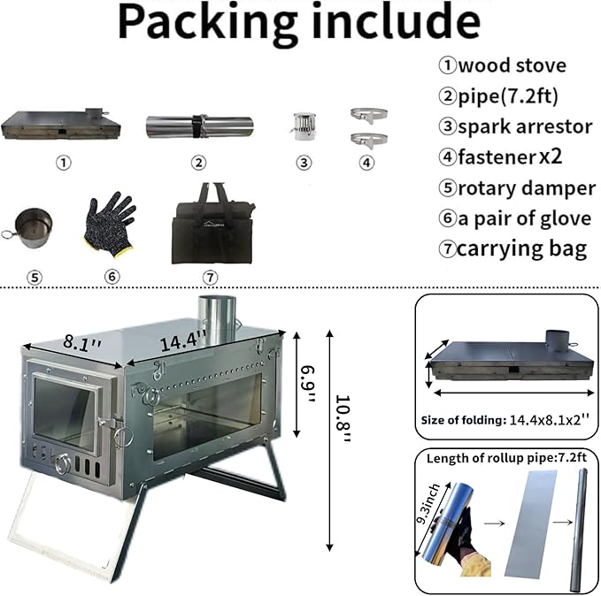 DANCHEL OUTDOOR S6/SSG Folding Camping Stove, 304 Stainless Steel Wood Burning Stove with 7.2ft Chimney, Portable Hot Tent Stove Solo Camping Survival Backpacking, Lightweight & Compact Design