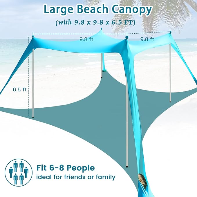 Beach Tent Sun Shelter - 10 x 10 Ft Beach Canopy UPF50+ UV Protection with Sandbags, Poles, Grond Pegs and Anti-Wind Ropes for Camping, Fishing, Backyard and Picnics
