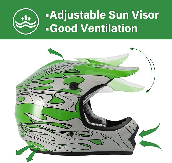 TCT-MOTORPARTS DOT Motorcycle Four Wheeler Riding Racing Helmet Youth Kids Motocross ATV Helmets Offroad Street Dirt Bike Go-Kart BMX MX Full Face Helmet Green Flame Large Size