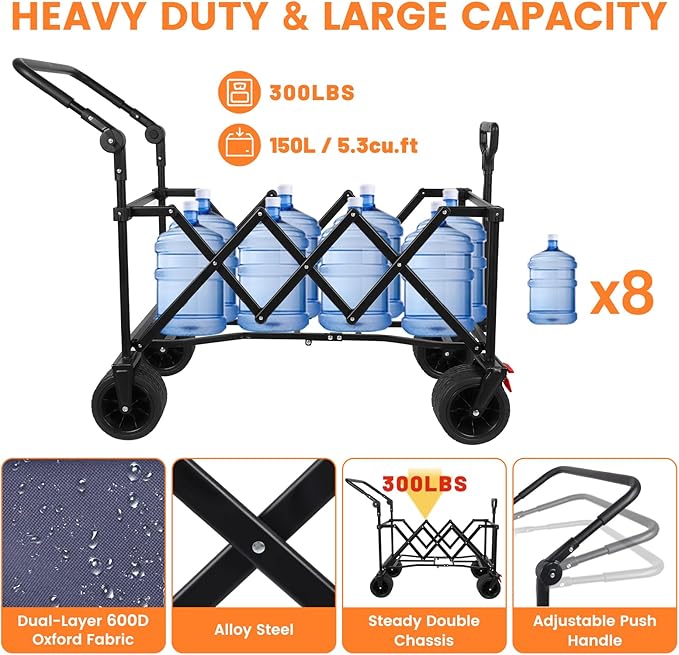2 in 1 Collapsible Wagon with 300lbs Weight Capacity,150L Heavy Duty Utility Cart with Removable Canopy,with Big All-Terrain Beach Wheels & Drink Holders,Gray
