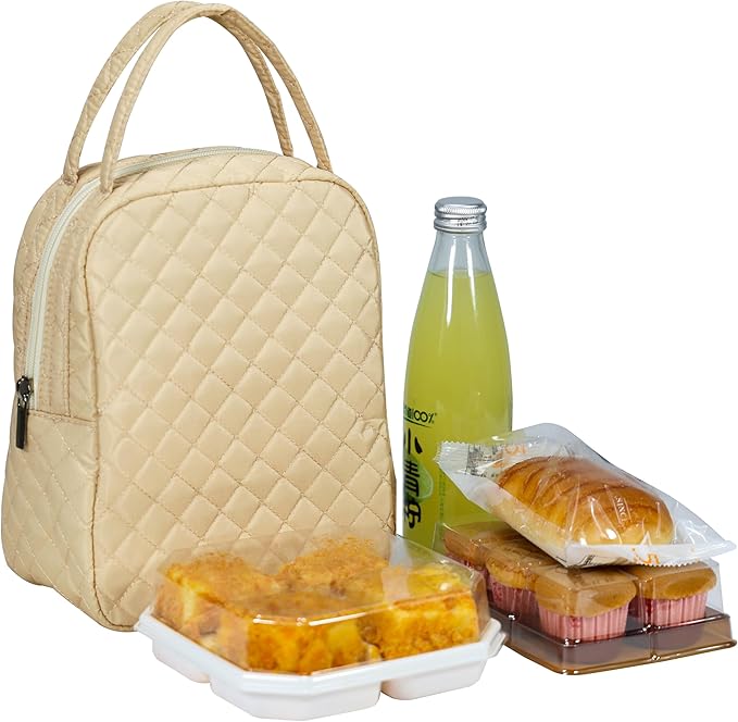 Machine Washable Women Quilted Fabric Insulated Reusable Cooler Lunch Bag Tote Adult Thermal Lunch Box Storage Bag for Ｗork (Beige)