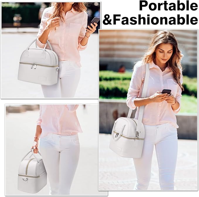 BALORAY Lunch Bag for Women Men, Double Deck Lunch Box for Adults, PU Leather Lunch Tote Bag Insulated Lunch Bags with Strap for Work Office Picnic