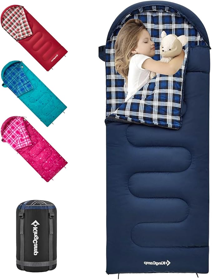 KingCamp 45°F Kids Sleeping Bag, Lightweight Waterproof & Compact Flannel Sleeping Bags Cold Weather & Warm Youth Essentials Gear Accessories for Camping, Fits 10-12 Children up to 5'5" Tall