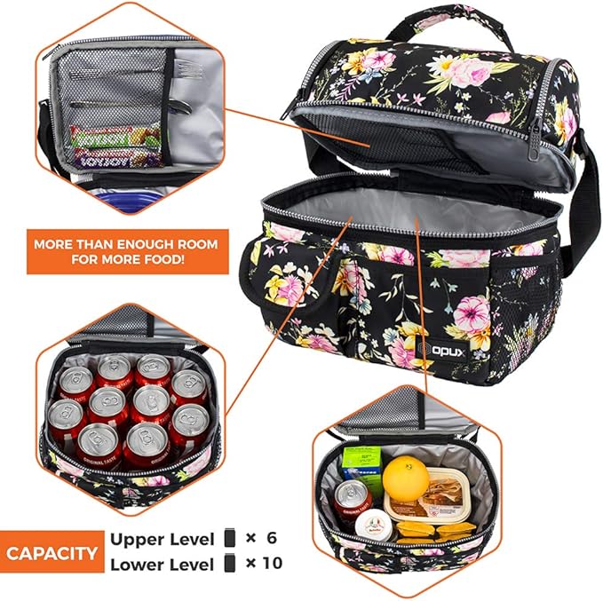 opux Lunch Bag Women Insulated, Adult Lunch Box Cooler, Flower Lunch Box, Dual Compartment Lunchbox for Work, Leakproof Double Decker Lunch Bag, Soft Lunch Pail Tote Girls Kids School, Floral Black