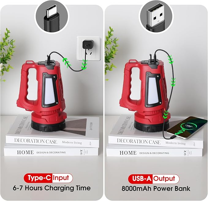 Rechargeable LED Flashlight, Camping Lantern Flashlight with 1000LM, 7 Modes, Power Bank, IPX4 Waterproof Camping Essentials Light for Hurricane Emergency Hiking Survival Kits - Red