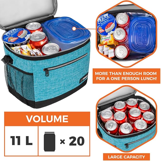 opux Extra Large Insulated Lunch Box Men Women, Lunch Bag for Work, Leakproof Soft Cooler Tote Adult, Lunch Pail, Picnic Beach Collapsible Food Bag with Shoulder Strap, Turquoise Blue