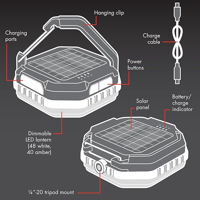 Wagan EL4308 Solar Powered LED Camping Lantern USB Rechargeable LED Tent Light Flashlights Camping Light with Folding Hanging Clip Tripod Mountable for Outdoor Backpacking Gear Emergency Kits