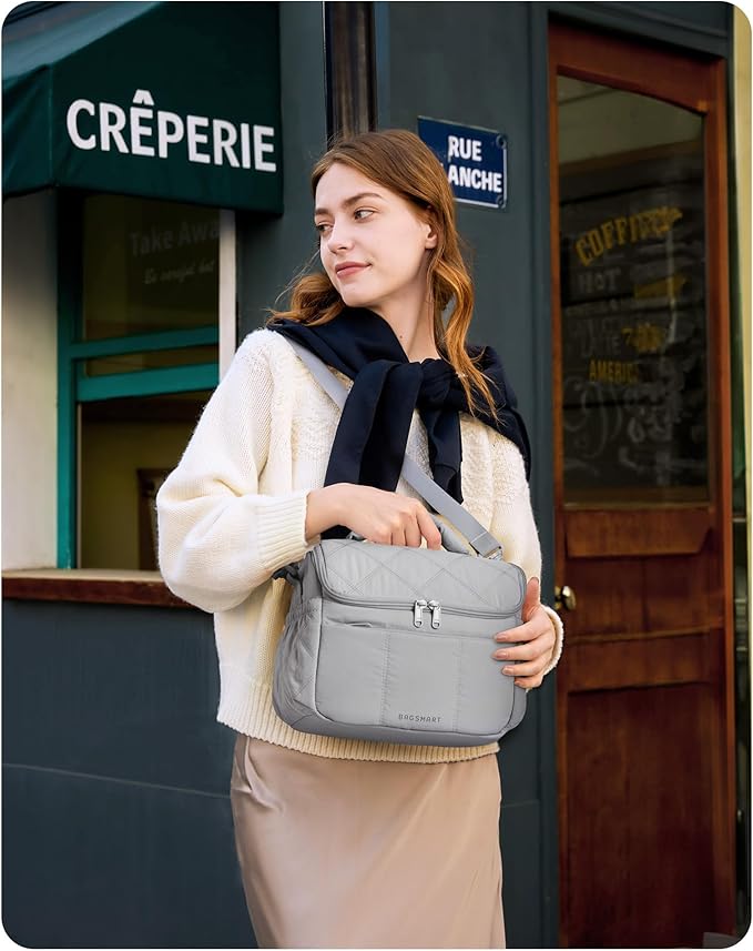 BAGSMART Insulated Lunch Bags for Women, Cute Quilted Lunch Box, Lightweight Puffy Padded Waterproof Lunch Tote, Reusable Lunch Cooler for Work Picnic Travel, Dark Pink