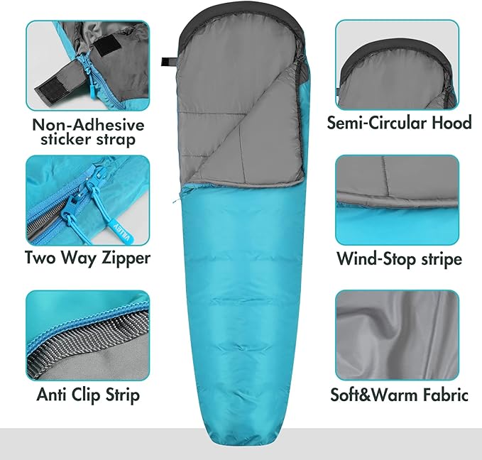 VILLEY Mummy Sleeping Bag, Lightweight Backpacking Sleeping Bag for Adults & Kids, Camping Hiking Equipment for 3-4 Seasons
