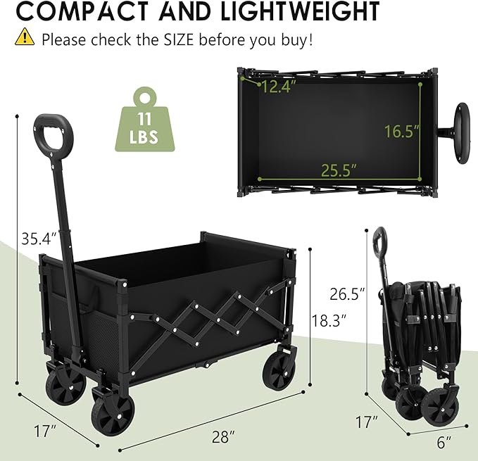 ZENPETIO 28" Collapsible Wagon Cart with Wheels Foldable, Tail Expansion 360lbs Portable Utility Beach Wagon，Lightweight Folding Cart for Outdoor Shopping Sports Camping