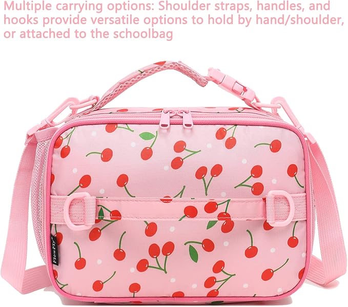 FlowFly Kids Lunch Bag, Durable Insulated School Lunch Box with Shoulder Strap and Bottle Holder, Water-resistant Thermal Small Lunch Cooler Tote for Teen Boys & Girls,Cherry
