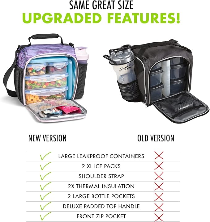 Fit & Fresh JAXX Meal Prep Lunch Box With Containers, Ice Pack, and Shaker Bottle For Men and Women, 9pc. Meal Prep Kit Lunch Bag With Containers Included