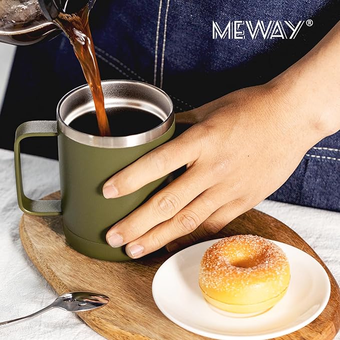 MEWAY 12oz Coffee Mug With Handle 8 Pack Bulk,Stainless Steel Insulated Travel Tumblers With Sliding Lid,Double Wall Vacuum Camping Cup for Hot & Cold Drinks Tea (Army Green,Set of 8)