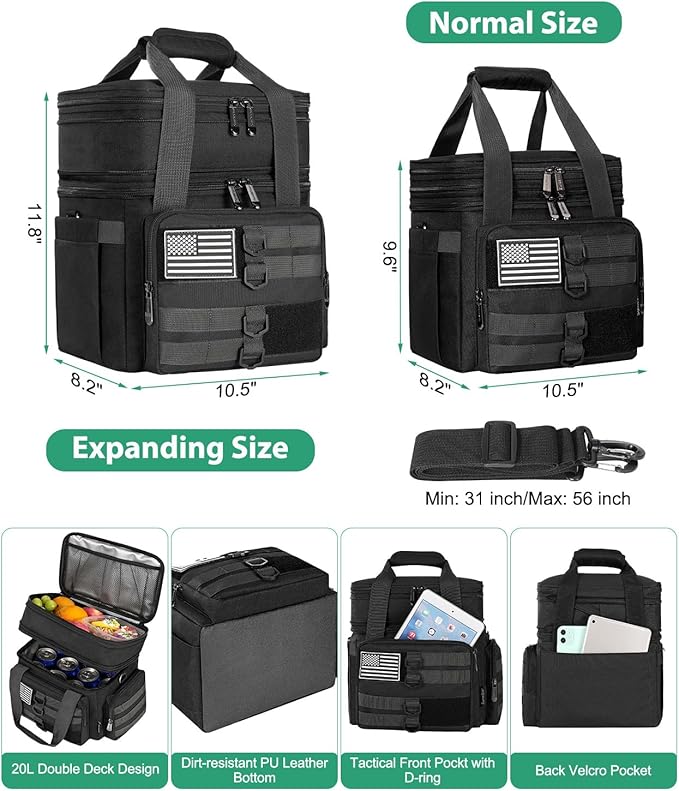 Tactical Lunch Box for Men, Large Insulated Lunch Bag Adult, Heavy Duty Double Deck Expandable Lunch Cooler Bag Leakproof Waterproof Lunch Tote for Work Office Camping Travel - Black