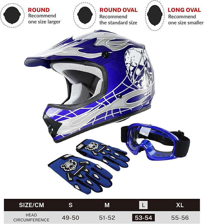 TCT-MOTORPARTS DOT Youth Kids Motocross ATV Helmets Offroad Street Dirt Bike Go-Kart BMX MX Full Face Helmet Blue Skull Large Size