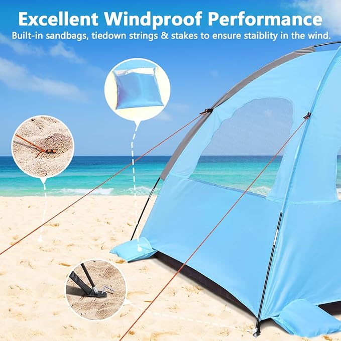 NXONE Beach Tent Sun Shade Shelter for 6 Person with UV Protection, Extended Floor, 3 Mesh Roll Up Windows & 8.5mm Fiberglass Rods丨Carry Bag Included (Dark Shelter-Ocean Blue)