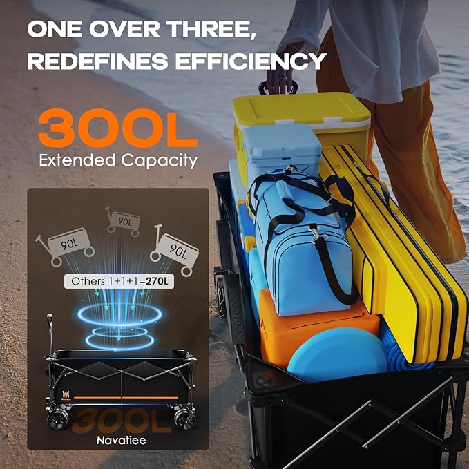 Navatiee 300L Collapsible Wagon Cart Foldable Extra Large, 48''L Folding Extended Beach Wagon with 440LBS Weight Capacity and Big All-Terrain Wheels, Heavy Duty Utility Garden Cart for Sports Outdoor