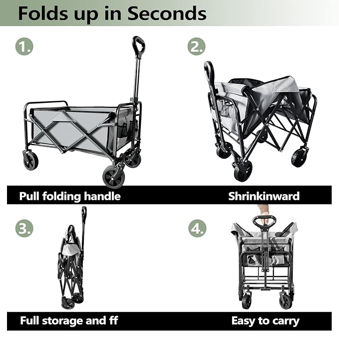 Collapsible Wagon Cart Heavy Duty Foldable, Large Capacity Foldable Grocery Beach Wagon for Camping Sports Shopping, Gray