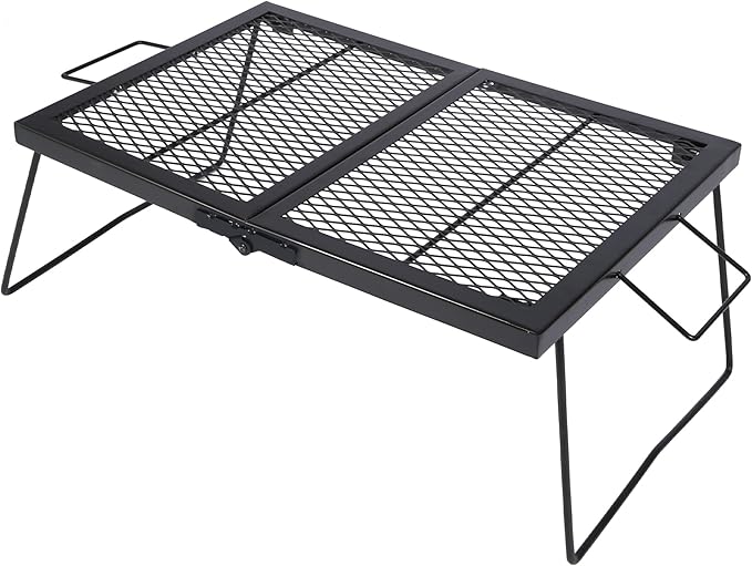 Folding Campfire Grill Grate, Portable Heavy Duty Steel Over Fire Camp Grill for Outdoor Camping Cooking Fire Pit, Black Folded in Half