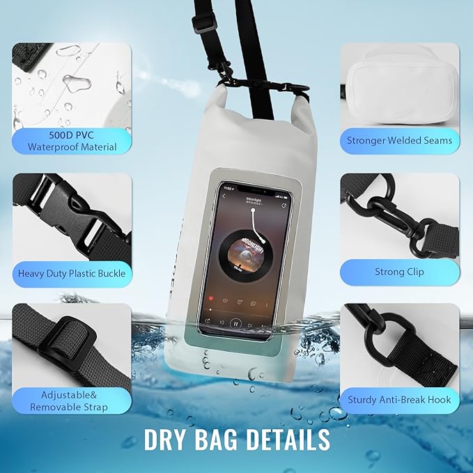 Waterproof Dry Bag,Roll Top Waterproof Backpack Phone Case Pouch for Travel,Kayaking,Rafting,Camping,Surfing,Boating,Hiking,Beach and Fishing (2 L White+Black)