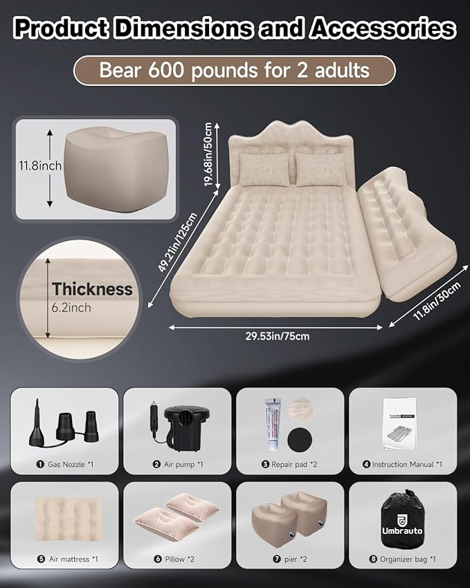 Umbrauto Car Air Mattress Bed: Inflatable SUV Camping Sleeping Pad for Truck Back Seat with Pump & Pillows, Blow Up Backseat Car Mattress for Van Rear Seat