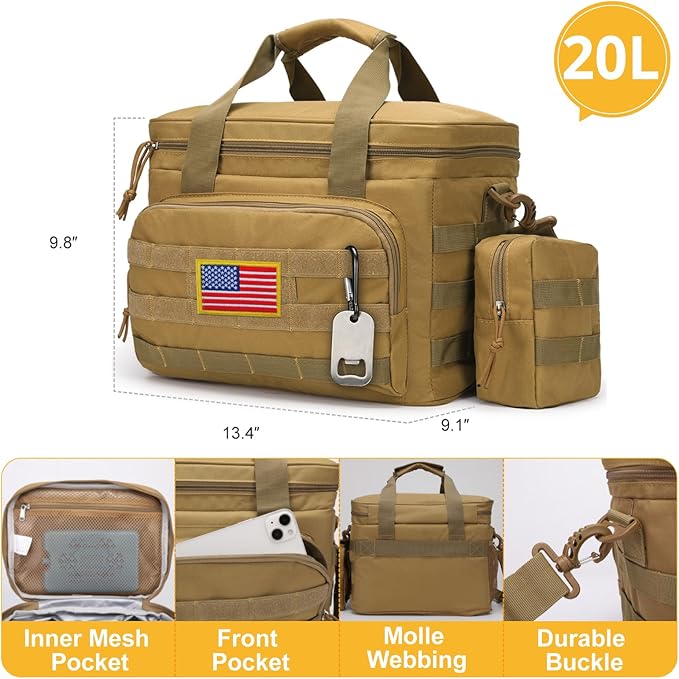 Tactical Lunch Box for Men, Insulated Lunch Bag MOLLE Webbing Leakproof, Cooler Large Lunchbox Women Adult with Adjustable Shoulder Strap Durable, Construction Heavy Duty Lunch Pail, Brown