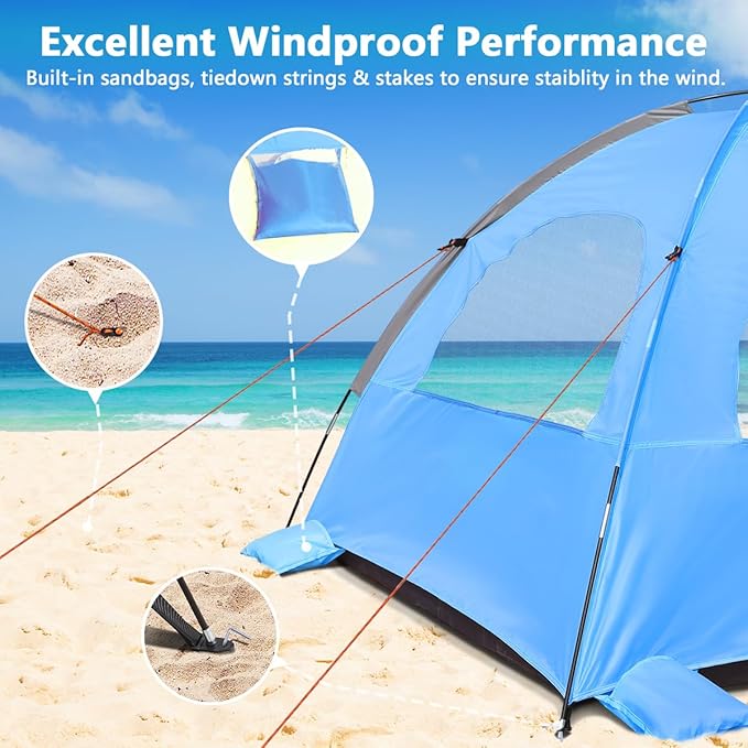 NXONE Beach Tent Sun Shade Shelter for 6 Person with UV Protection, Extended Floor, 3 Mesh Roll Up Windows & 8.5mm Fiberglass Rods丨Carry Bag Included (Sky Blue)