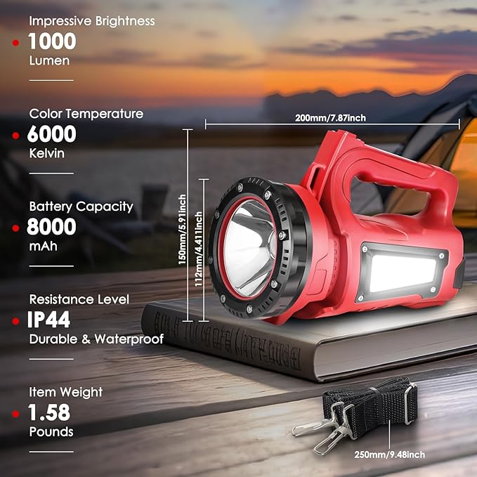 Rechargeable LED Flashlight, Camping Lantern Flashlight with 1000LM, 7 Modes, Power Bank, IPX4 Waterproof Camping Essentials Light for Hurricane Emergency Hiking Survival Kits - Red