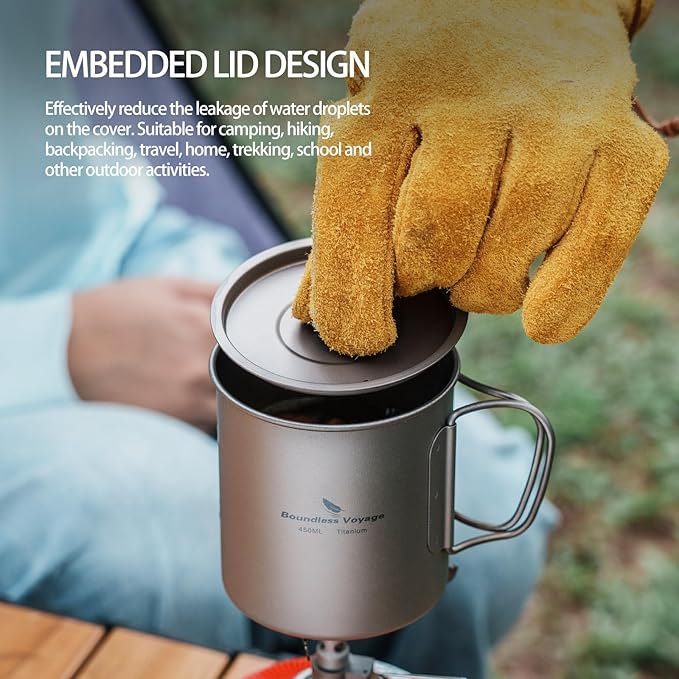 iBasingo 450ml Titanium Mug with Lid Tea Coffee Water Cup Outdoor Camping Pot Ultra-light Portable Hiking Backpacking Cooking Kit Picnic Tableware Drinkware with Foldable Handle Ti3035D