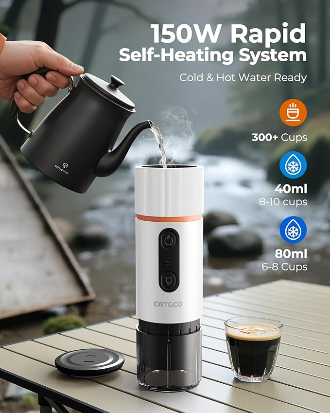 Portable Espresso Maker 20 Bar Self‑Heating & Auto-off | 13500 mAh Battery Brews 8 Shots | 12 V Mini Coffee Machine Compatible with Nespresso Original Pods | Car/Travel/Camping