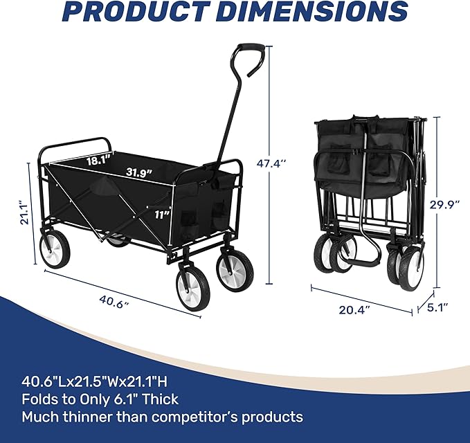 YSSOA Rolling Folding & Rolling Collapsible Garden Cart, Outdoor Camping Wagon Utility with 360 Degree Swivel Wheels & Adjustable Handle, Black 220lbs Weight Capacity Rolling Collapsible Garden Cart